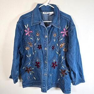 Vintage Units Denim Jacket Women's 2X Blue Multi Floral Embroidered Boho Cottage